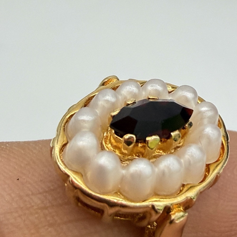 Vintage AVON Victorian Revival Ring Faux Garnet Pearl Halo Gold Tone Sz 7